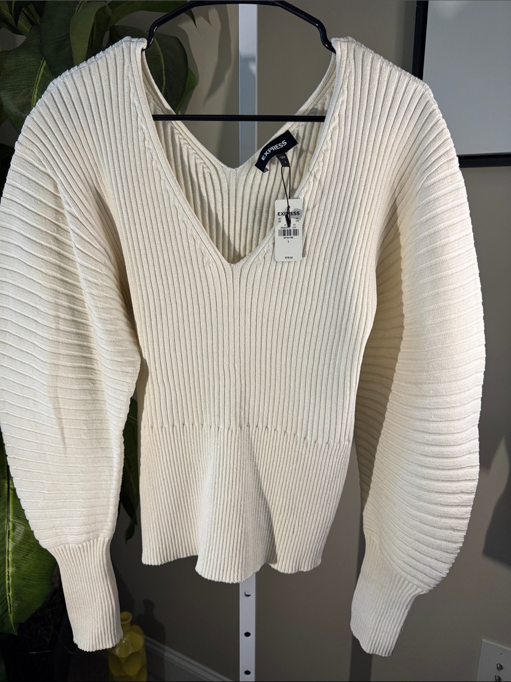 Express Cream Ribbed V-Neck Sweater with Balloon Sleeves